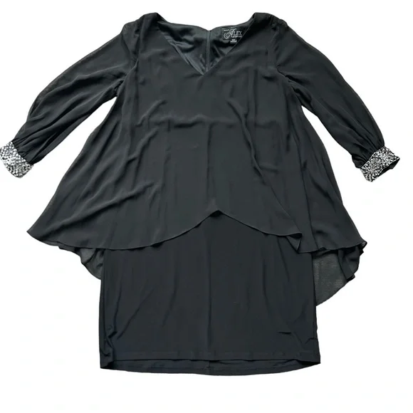 Alex Evenings BLACK JERSEY CHIFONN LONG SLEEVED DRESS WITH BEADED CUFFS size 16W - Picture 7 of 10